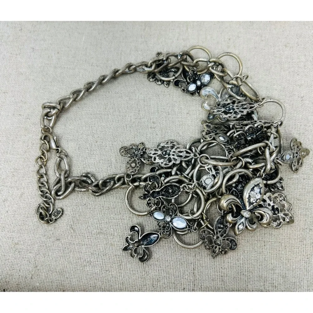 Unica Silver Tone Fleur De Lis Crystal Statement Bib Necklace Gothic Filigree